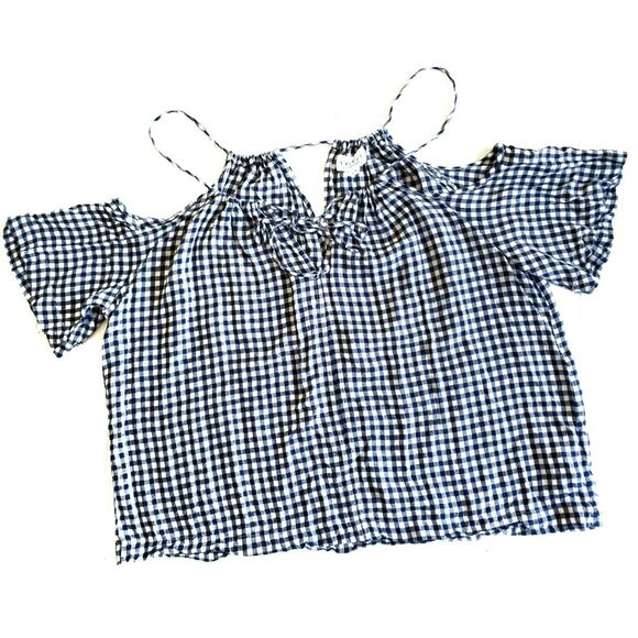 VELVET by Graham & Spencer Nedra cold shoulder gingham top blouse admiral blue S - Picture 1 of 8